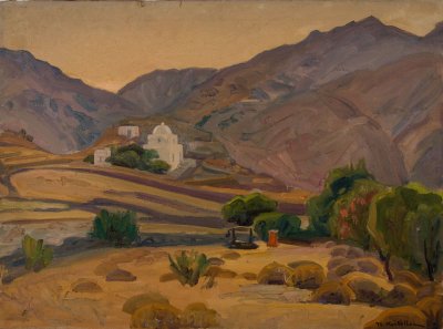 Serifos Landscape, Church, Mountains, Sunset — Oil painting, Canvas, 54.00×73.00cm — Theodoros Markellos